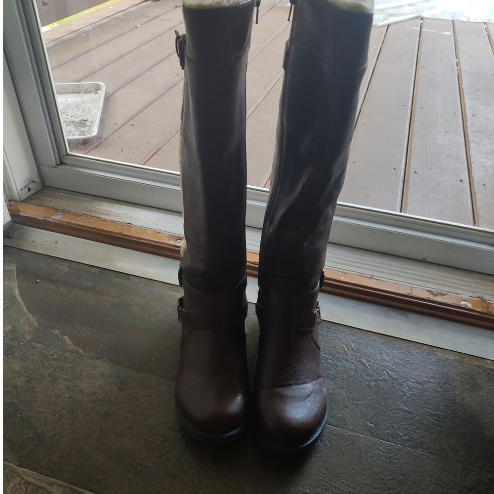 G by GUESS Riding Boots Women 10 Brown Excellent Shearling Trim Buckle Tall Zip